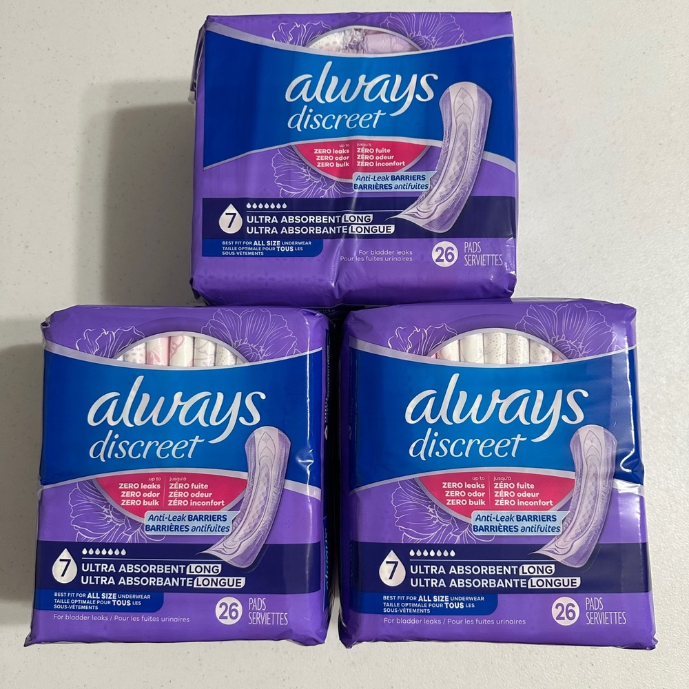 Always Discreet Level 7 Ultra Absorbent Long Incontinence Pads 3 Pk 78 Count New